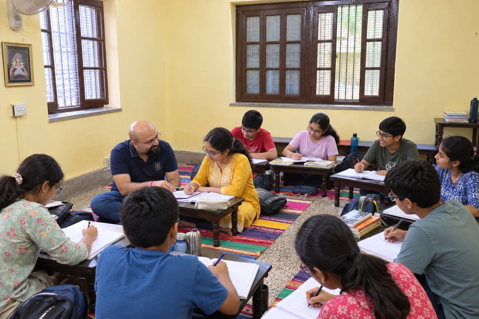 Students learning and a teacher interacting in a bright, warm classroom