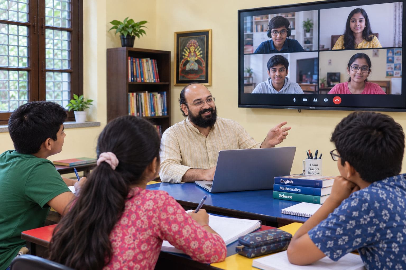 A hybrid learning session combining classroom and online teaching