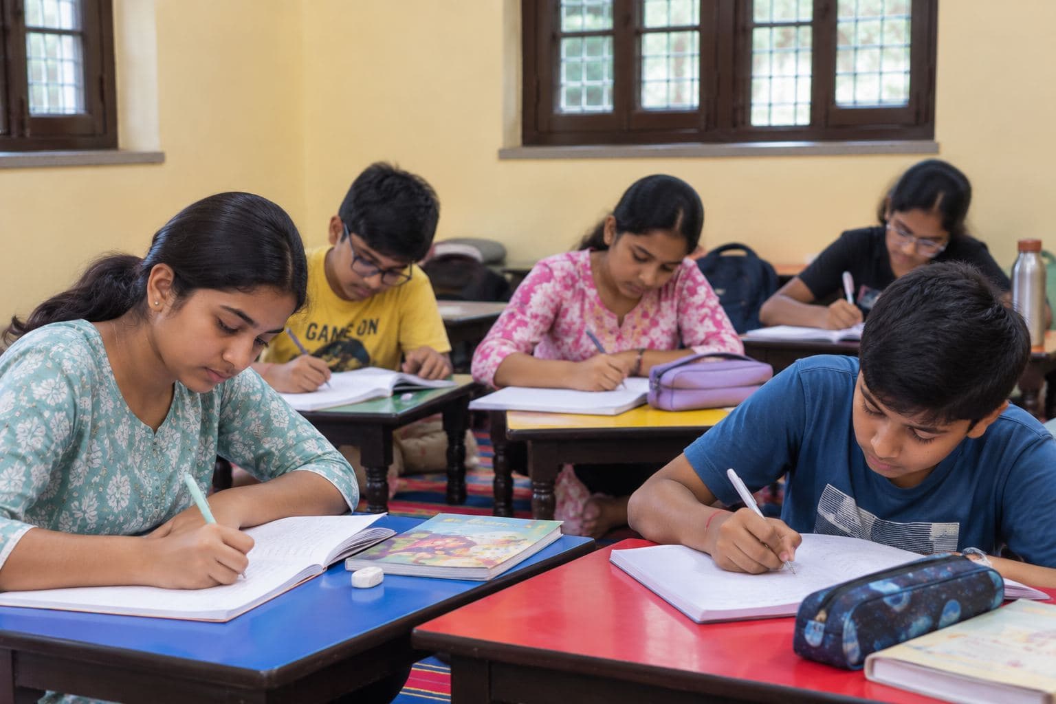 Students writing during a practice session