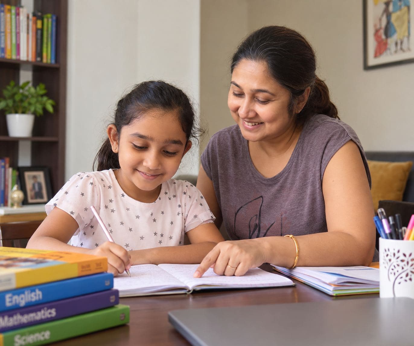 A parent helping a child study