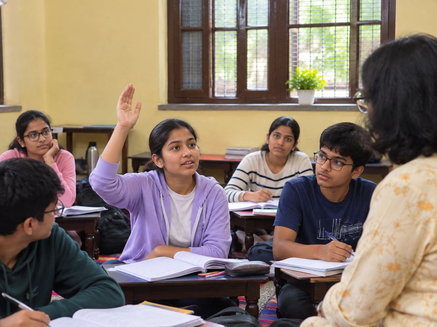 A student confidently asking a question in class