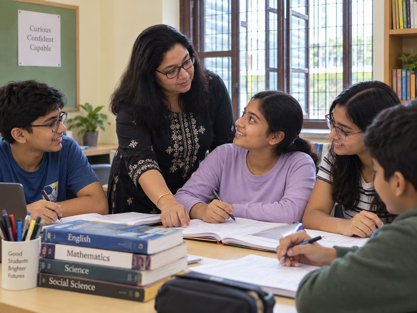 A teacher actively teaching a small group of students